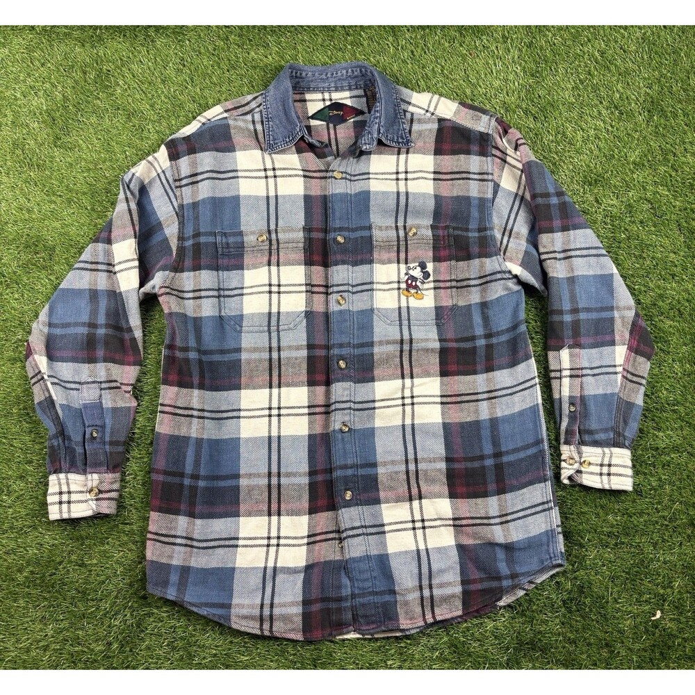Vintage 90s Mickey Mouse Graphic Disney Plaid Button Up Shirt Men's Medium Rare